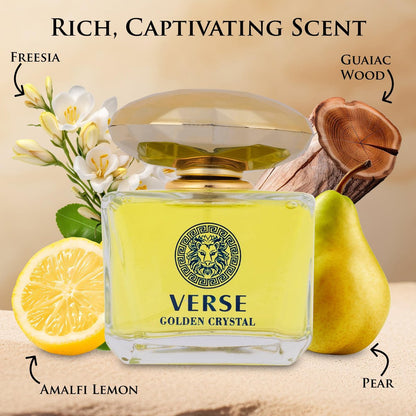 Verse Golden Crystal for Women - Floral Fruity Eau de Parfum, 3.4 fl oz (100ml) - Top Notes of Amalfi Lemon, Bergamot & Neroli - Base Notes of Guaiac Wood, Amber & Musk - Paraben-Free Elegant Fragrance Avelisse