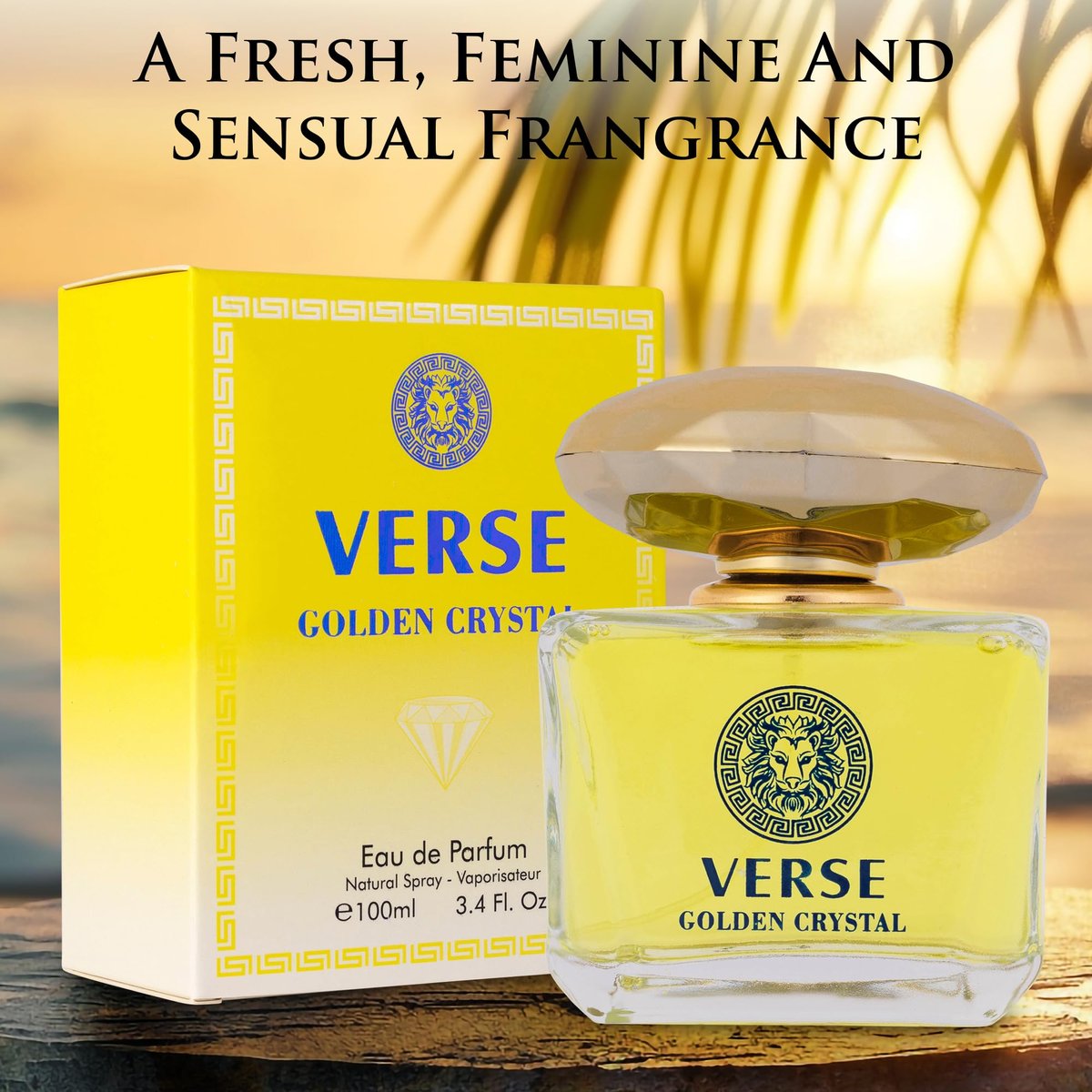 Verse Golden Crystal for Women - Floral Fruity Eau de Parfum, 3.4 fl oz (100ml) - Top Notes of Amalfi Lemon, Bergamot & Neroli - Base Notes of Guaiac Wood, Amber & Musk - Paraben-Free Elegant Fragrance Avelisse
