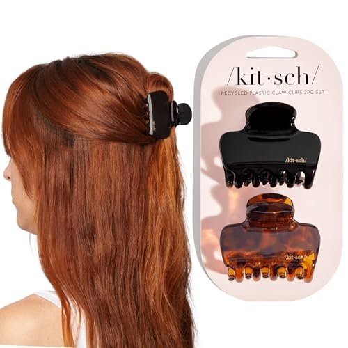 Kitsch Medium Claw Clips for Women - Strong Hold & Stylish Glossy Puffy Design Hair Accessories | Half-Up or Full Updos | 2pc Set, Black & Tort Avelisse