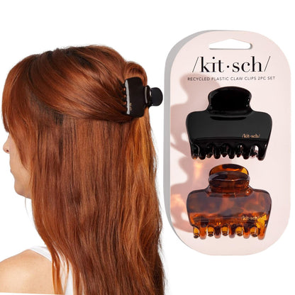 Kitsch Medium Claw Clips for Women - Strong Hold & Stylish Glossy Puffy Design Hair Accessories | Half-Up or Full Updos | 2pc Set, Black & Tort Avelisse