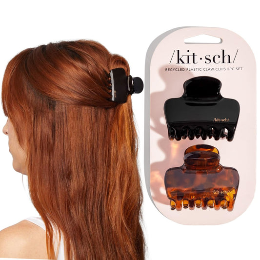 Kitsch Medium Claw Clips for Women - Strong Hold & Stylish Glossy Puffy Design Hair Accessories | Half-Up or Full Updos | 2pc Set, Black & Tort Avelisse