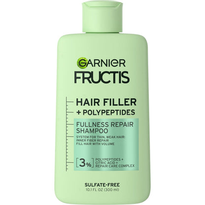Garnier Fructis Hair Filler Fullness Repair Shampoo - Volumizing Shampoo with Polypeptides & Hair Repair Complex for Thin, Weak Split Ends, 10.1 Fl Oz