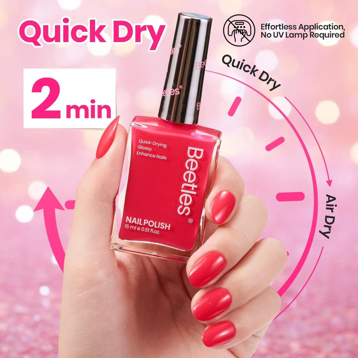 Beetles Hot Pink Nail Polish - Magenta Beat 0.51 Fl Oz (15 mL) Neon Pink Quick Dry Long-Lasting Nail Art - görsel 7