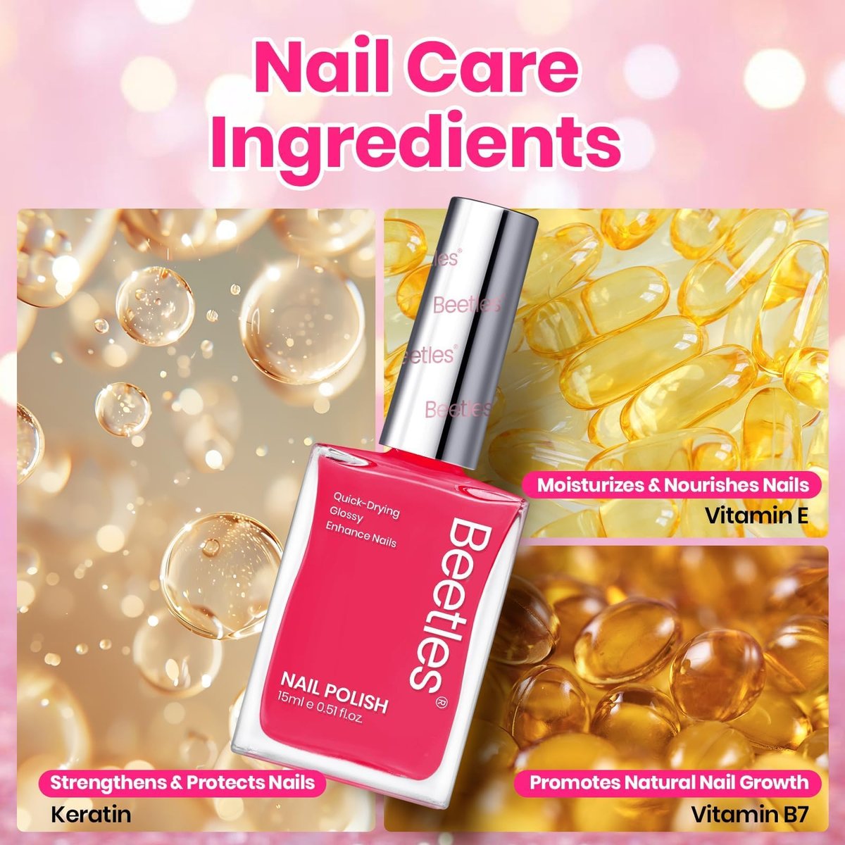 Beetles Hot Pink Nail Polish - Magenta Beat 0.51 Fl Oz (15 mL) Neon Pink Quick Dry Long-Lasting Nail Art - görsel 13