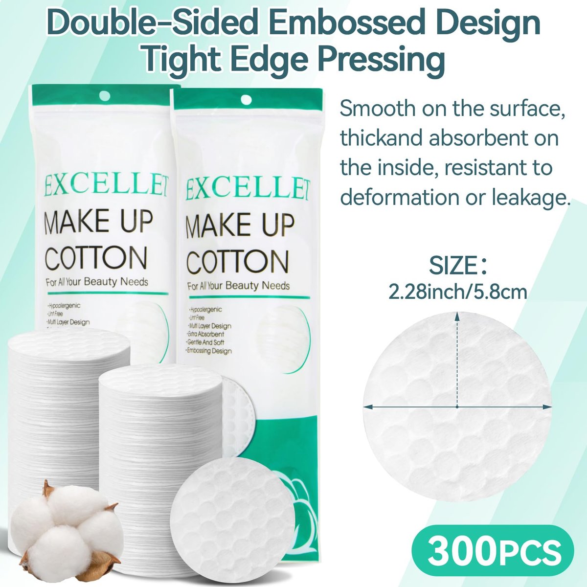 300PCS Cotton Rounds Bulk – Soft Lint Free Cotton Pads for Face, High Absorbency Makeup Remover Pads for Facial Cleansing, Toner, Nail Polish Removal, Daily Beauty & Personal Care - görsel 3