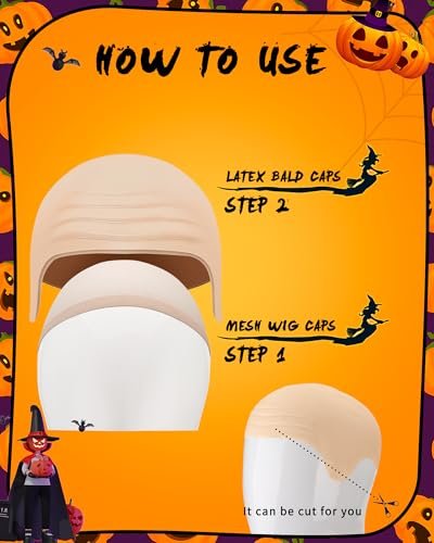 Hoedia 2-Pack Latex Bald Caps with 2 Wig Caps - Natural Skin Tone, Cosplay & Halloween Costume Accessories for Adults - görsel 6