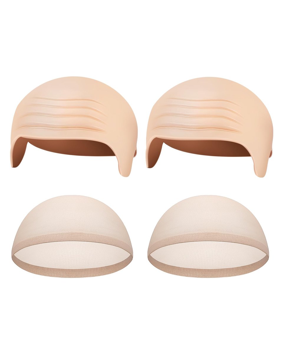 Hoedia 2-Pack Latex Bald Caps with 2 Wig Caps - Natural Skin Tone, Cosplay & Halloween Costume Accessories for Adults - görsel 1