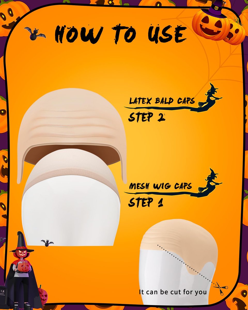 Hoedia 2-Pack Latex Bald Caps with 2 Wig Caps - Natural Skin Tone, Cosplay & Halloween Costume Accessories for Adults - görsel 5