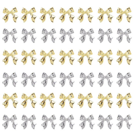 KACHIMOO 40pcs Gold & Silver Bow Nail Charms - 3D Alloy Nail Art Bows (Medium, Bows-2)