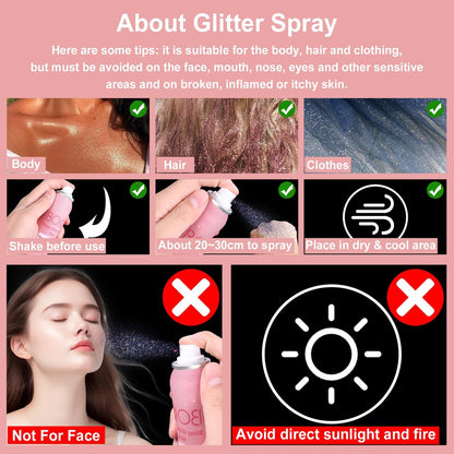 Boko Body Glitter Spray - 60ML Holographic Silver Glitter Spray for Body, Hair & Clothes - Quick-Drying, Long-Lasting Shimmer for Festivals, Concerts, Parties & Raves