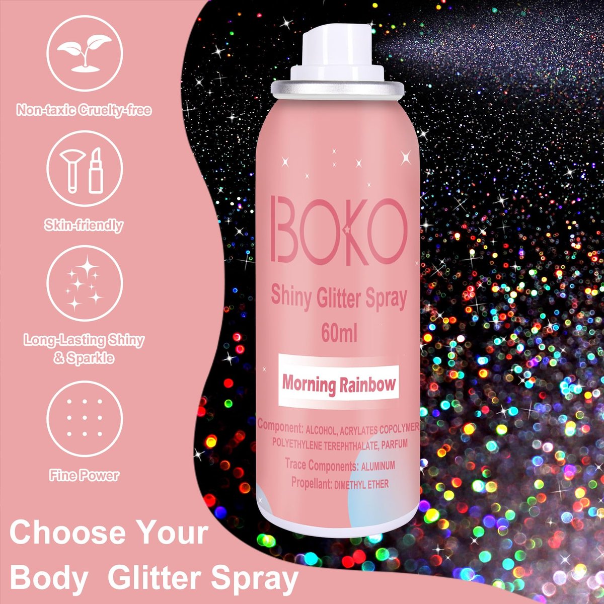 Boko Body Glitter Spray - 60ML Holographic Silver Glitter Spray for Body, Hair & Clothes - Quick-Drying, Long-Lasting Shimmer for Festivals, Concerts, Parties & Raves - görsel 3