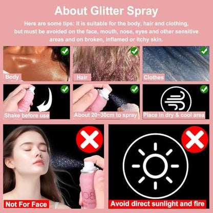 Boko Body Glitter Spray - 60ML Holographic Silver Glitter Spray for Body, Hair & Clothes - Quick-Drying, Long-Lasting Shimmer for Festivals, Concerts, Parties & Raves