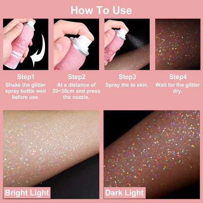 Boko Body Glitter Spray - 60ML Holographic Silver Glitter Spray for Body, Hair & Clothes - Quick-Drying, Long-Lasting Shimmer for Festivals, Concerts, Parties & Raves