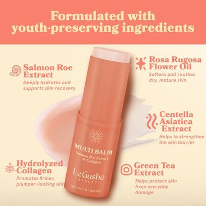LE GUSHE All-in-One Face Balm Stick - Under Eye Brightener, Anti-Aging Under Eye Balm with Salmon Roe Extract & Collagen - for Fine Lines & Wrinkles - Use on Face, Forehead, Neck