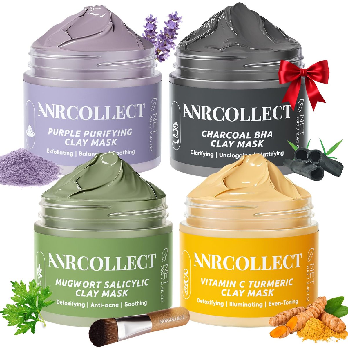 ANRCOLLECT 4-Pack Clay Face Mask Set (280g Total) - Vitamin C Turmeric, Charcoal BHA, Mugwort Salicylic & Purple Clay Masks for Deep Pore Cleansing, Oil Control & Blackhead Removal - Skincare Gift Set Avelisse