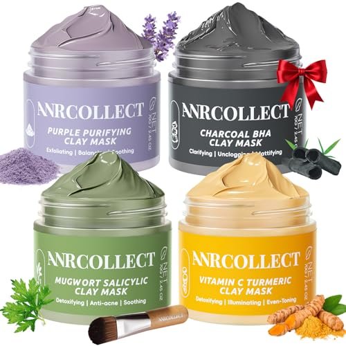 ANRCOLLECT 4-Pack Clay Face Mask Set (280g Total) - Vitamin C Turmeric, Charcoal BHA, Mugwort Salicylic & Purple Clay Masks for Deep Pore Cleansing, Oil Control & Blackhead Removal - Skincare Gift Set Avelisse