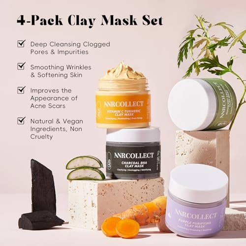 ANRCOLLECT 4-Pack Clay Face Mask Set (280g Total) - Vitamin C Turmeric, Charcoal BHA, Mugwort Salicylic & Purple Clay Masks for Deep Pore Cleansing, Oil Control & Blackhead Removal - Skincare Gift Set Avelisse