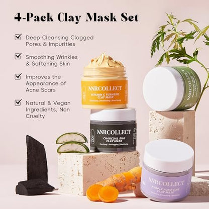 ANRCOLLECT 4-Pack Clay Face Mask Set (280g Total) - Vitamin C Turmeric, Charcoal BHA, Mugwort Salicylic & Purple Clay Masks for Deep Pore Cleansing, Oil Control & Blackhead Removal - Skincare Gift Set Avelisse