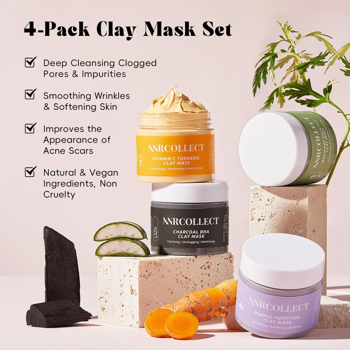 ANRCOLLECT 4-Pack Clay Face Mask Set (280g Total) - Vitamin C Turmeric, Charcoal BHA, Mugwort Salicylic & Purple Clay Masks for Deep Pore Cleansing, Oil Control & Blackhead Removal - Skincare Gift Set Avelisse
