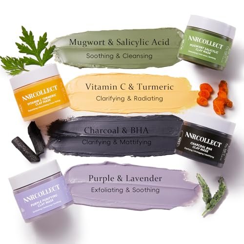 ANRCOLLECT 4-Pack Clay Face Mask Set (280g Total) - Vitamin C Turmeric, Charcoal BHA, Mugwort Salicylic & Purple Clay Masks for Deep Pore Cleansing, Oil Control & Blackhead Removal - Skincare Gift Set Avelisse