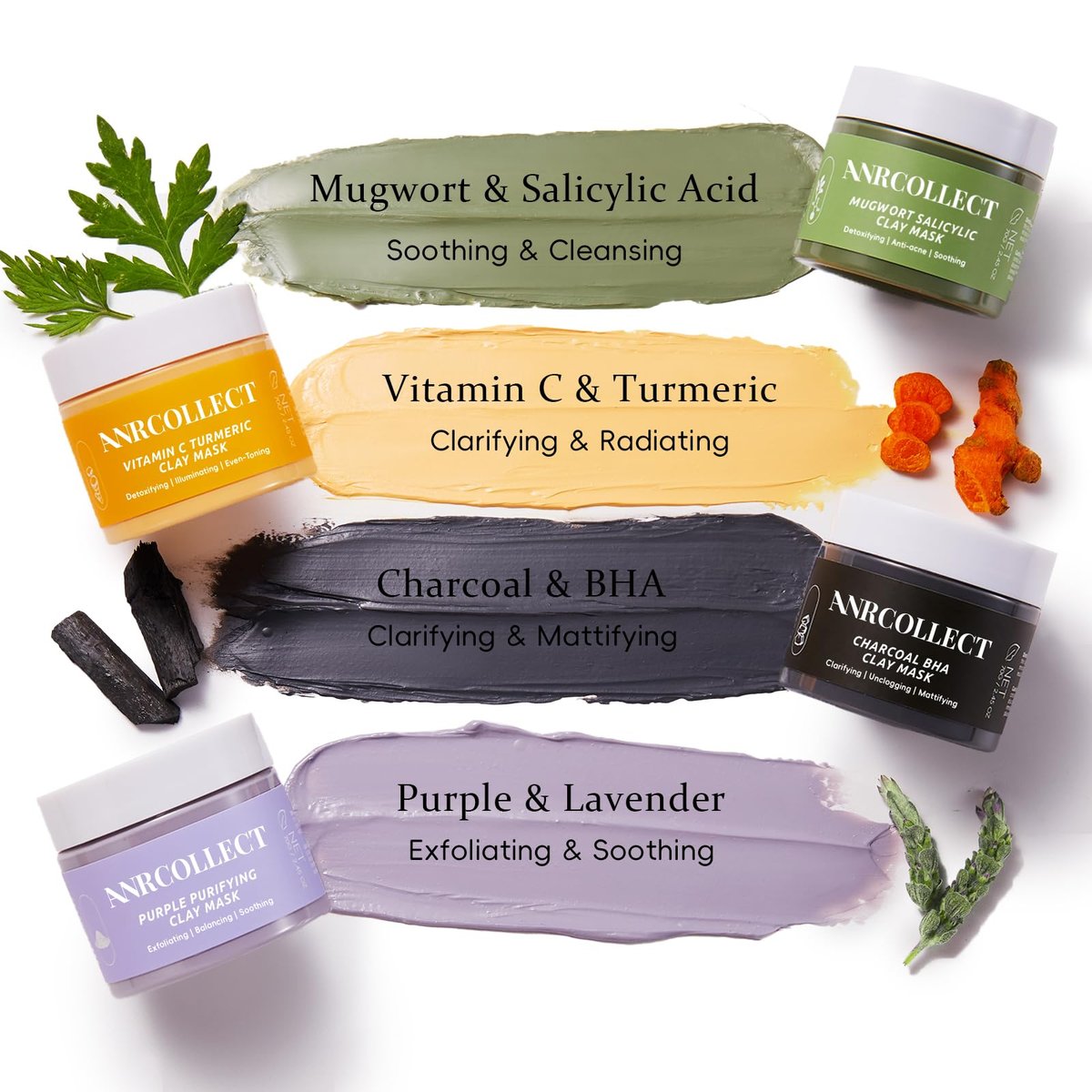 ANRCOLLECT 4-Pack Clay Face Mask Set (280g Total) - Vitamin C Turmeric, Charcoal BHA, Mugwort Salicylic & Purple Clay Masks for Deep Pore Cleansing, Oil Control & Blackhead Removal - Skincare Gift Set Avelisse
