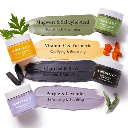 ANRCOLLECT 4-Pack Clay Face Mask Set (280g Total) - Vitamin C Turmeric, Charcoal BHA, Mugwort Salicylic & Purple Clay Masks for Deep Pore Cleansing, Oil Control & Blackhead Removal - Skincare Gift Set Avelisse
