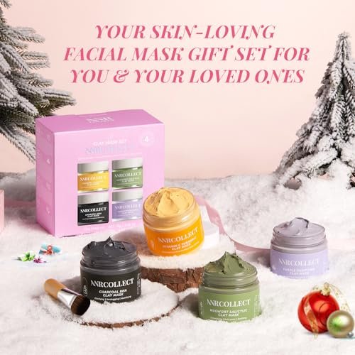 ANRCOLLECT 4-Pack Clay Face Mask Set (280g Total) - Vitamin C Turmeric, Charcoal BHA, Mugwort Salicylic & Purple Clay Masks for Deep Pore Cleansing, Oil Control & Blackhead Removal - Skincare Gift Set Avelisse