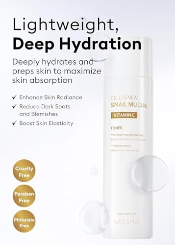 MISSHA Cell Renew Snail Mucin Vitamin C Toner - 5.07 Fl Oz | Korean Skincare for Glass Skin, 90% Snail Mucin, Deep Hydration, Improves Texture Avelisse