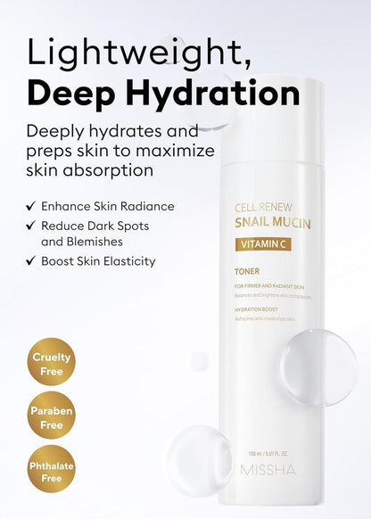MISSHA Cell Renew Snail Mucin Vitamin C Toner - 5.07 Fl Oz | Korean Skincare for Glass Skin, 90% Snail Mucin, Deep Hydration, Improves Texture Avelisse