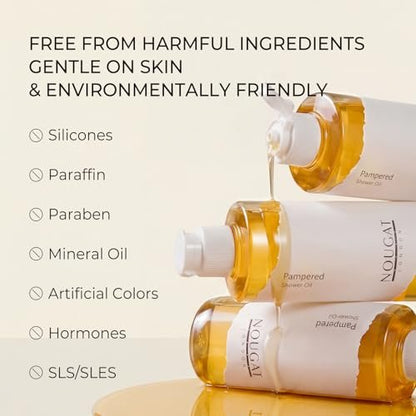 NOUGAT Pampered Shower Oil - Transforming Oil-to-Milk Body Cleanser for Makeup & Sunscreen Removal, Hydrating Botanical Wash for Dry Skin, Exotic Scent, 372g