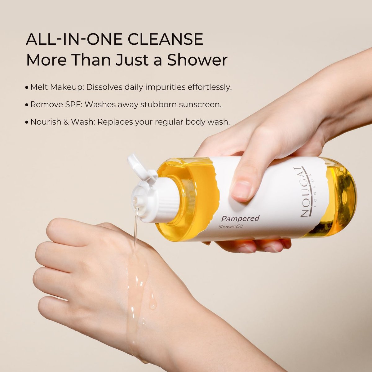 NOUGAT Pampered Shower Oil - Transforming Oil-to-Milk Body Cleanser for Makeup & Sunscreen Removal, Hydrating Botanical Wash for Dry Skin, Exotic Scent, 372g - görsel 3