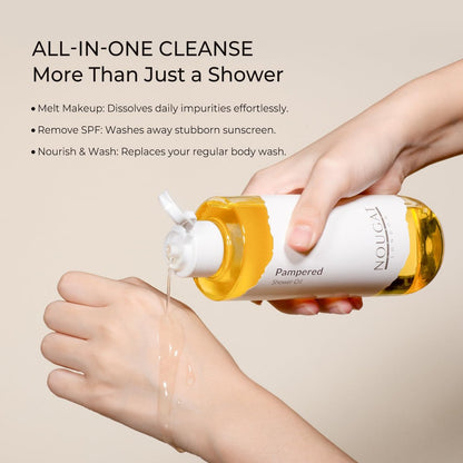NOUGAT Pampered Shower Oil - Transforming Oil-to-Milk Body Cleanser for Makeup & Sunscreen Removal, Hydrating Botanical Wash for Dry Skin, Exotic Scent, 372g