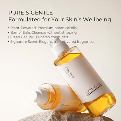 NOUGAT Pampered Shower Oil - Transforming Oil-to-Milk Body Cleanser for Makeup & Sunscreen Removal, Hydrating Botanical Wash for Dry Skin, Exotic Scent, 372g
