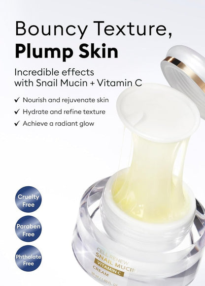 MISSHA Cell Renew Snail Mucin Vitamin C Cream - Hydrating Korean Moisturizer for Youthful Glow, 1.69 Fl Oz Avelisse