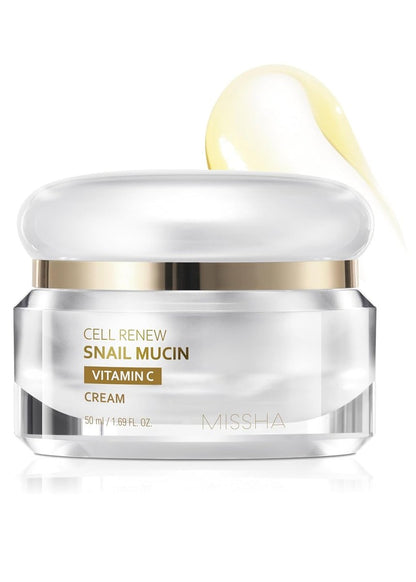 MISSHA Cell Renew Snail Mucin Vitamin C Cream - Hydrating Korean Moisturizer for Youthful Glow, 1.69 Fl Oz Avelisse