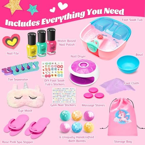 Kids Spa Day Kit for Girls – Foot Spa with Nail Dryer, Bath Bombs & Music – Pretend Play Toy Gift for Ages 6-12 Avelisse