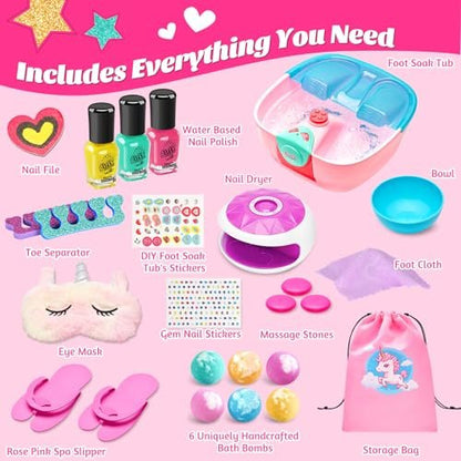 Kids Spa Day Kit for Girls – Foot Spa with Nail Dryer, Bath Bombs & Music – Pretend Play Toy Gift for Ages 6-12 Avelisse