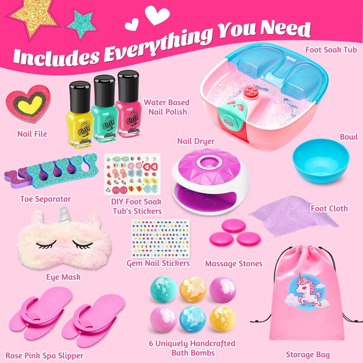 Kids Spa Day Kit for Girls – Foot Spa with Nail Dryer, Bath Bombs & Music – Pretend Play Toy Gift for Ages 6-12 Avelisse