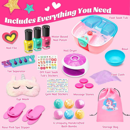 Kids Spa Day Kit for Girls – Foot Spa with Nail Dryer, Bath Bombs & Music – Pretend Play Toy Gift for Ages 6-12 Avelisse