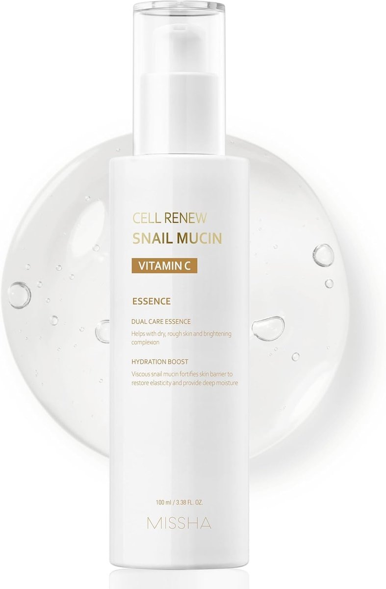 MISSHA Cell Renew Snail Mucin Vitamin C Essence Serum - Hydrating Korean Skincare for Glass Skin, 3.38 Fl Oz Avelisse