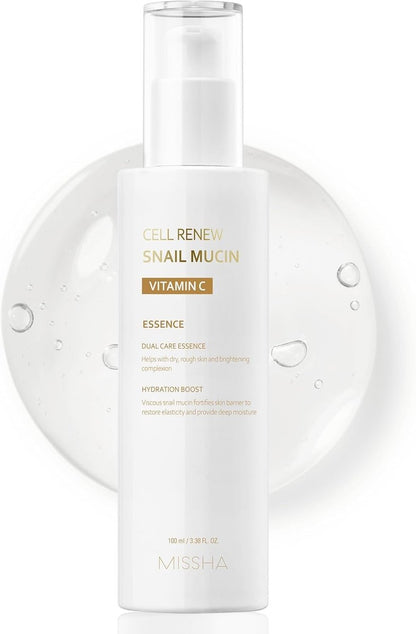 MISSHA Cell Renew Snail Mucin Vitamin C Essence Serum - Hydrating Korean Skincare for Glass Skin, 3.38 Fl Oz Avelisse