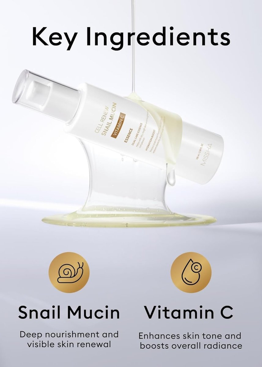 MISSHA Cell Renew Snail Mucin Vitamin C Essence Serum - Hydrating Korean Skincare for Glass Skin, 3.38 Fl Oz Avelisse