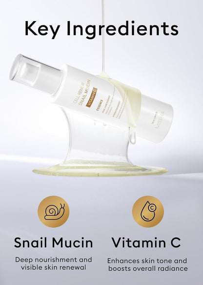 MISSHA Cell Renew Snail Mucin Vitamin C Essence Serum - Hydrating Korean Skincare for Glass Skin, 3.38 Fl Oz Avelisse