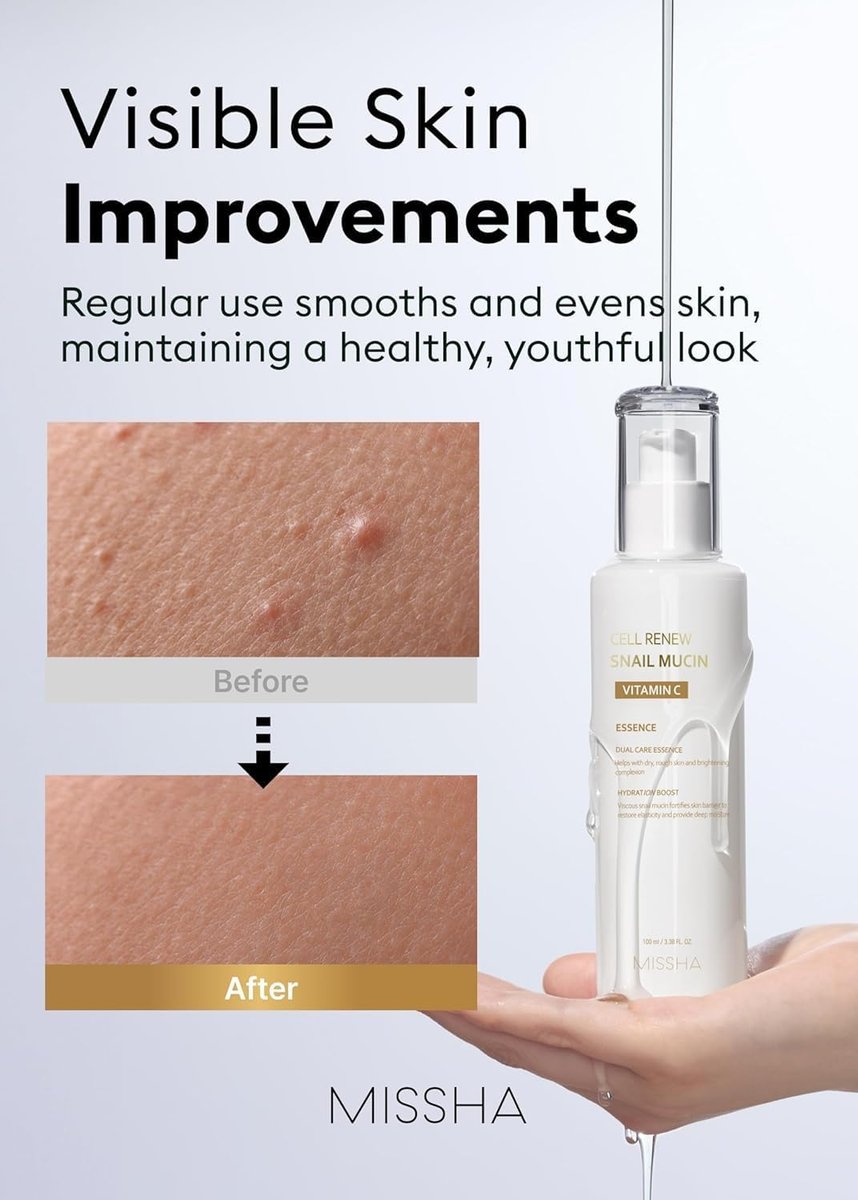 MISSHA Cell Renew Snail Mucin Vitamin C Essence Serum - Hydrating Korean Skincare for Glass Skin, 3.38 Fl Oz Avelisse
