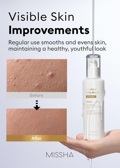 MISSHA Cell Renew Snail Mucin Vitamin C Essence Serum - Hydrating Korean Skincare for Glass Skin, 3.38 Fl Oz Avelisse