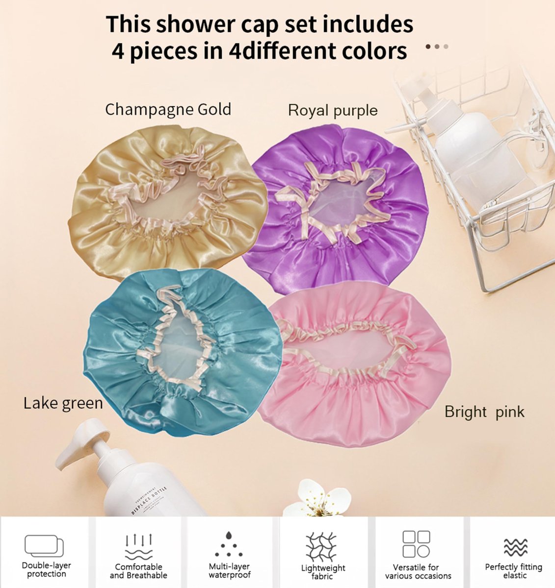 HXIELEC 4 Pack Bright Colored EVA Shower Caps – Double Layer Waterproof, Reusable & Durable Premium Hair Protection for Women, Ideal for Shower, Bath & Spa - görsel 3
