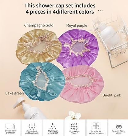 HXIELEC 4 Pack Bright Colored EVA Shower Caps – Double Layer Waterproof, Reusable & Durable Premium Hair Protection for Women, Ideal for Shower, Bath & Spa