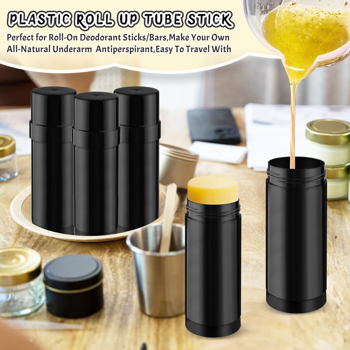 DMuuuDM 15 Pack 2 oz/60ml Plastic Deodorant Containers - Empty Round Twist-Up Solid Stick Tube for Homemade Deodorant, Shaving Soap, Heel Balm, Solid Lotion Bars - Top Fill, Black Avelisse