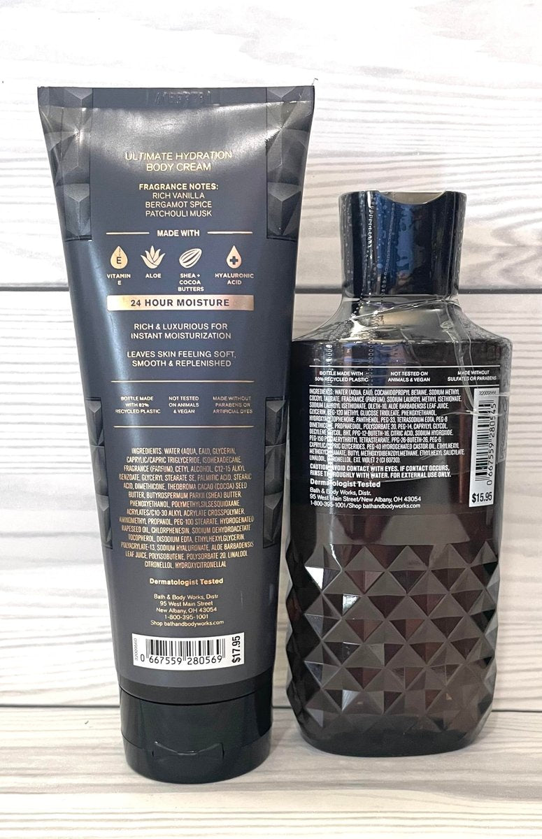 Bath & Body Works Vanilla Noir Men's 3-in-1 Hair, Face & Body Wash and Body Cream 2 Piece Set Avelisse