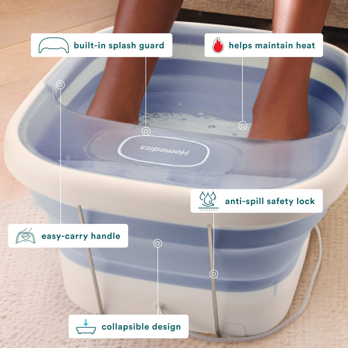 Homedics Collapsible Foot Spa with Heat, Bubbles & Vibration Massage - Portable Pedicure Spa, Deep Soak Basin, Adjustable Temperature, Easy Storage, Blue Avelisse